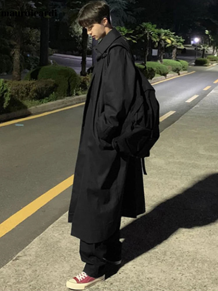 Mauroicardi Spring Autumn Long Oversized Black Khaki Trench Coat Men Raglan Sleeve Single Breasted Loose Casual Korean Fashion 260923 - view 3