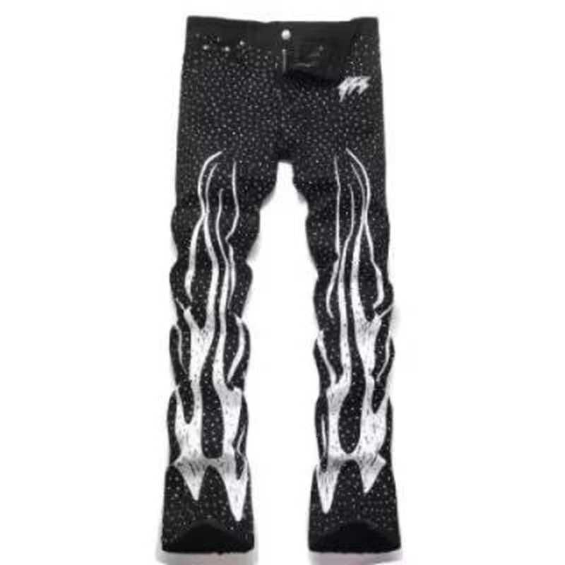 Men's Jeans Punk Flame Streetwear Solid Casual Denim Trousers Stage Dancing Rhinestone Print Washed Black Baggy Jeans HipHop Casual Denim Pa H260