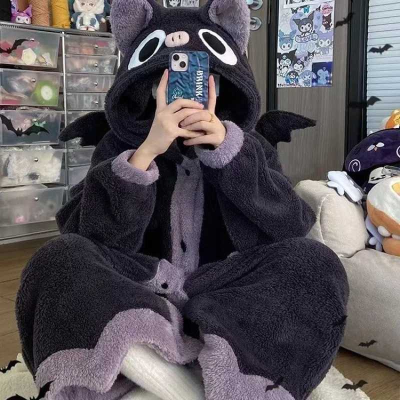 Sleep Lounge Women's Winter Pajamas For Women Cartoon Hooded Long Robe Cute Nightgown Sleepwear Bat Animal Kawaii Flannel Warm Comfy Lounge Bathr - view 3