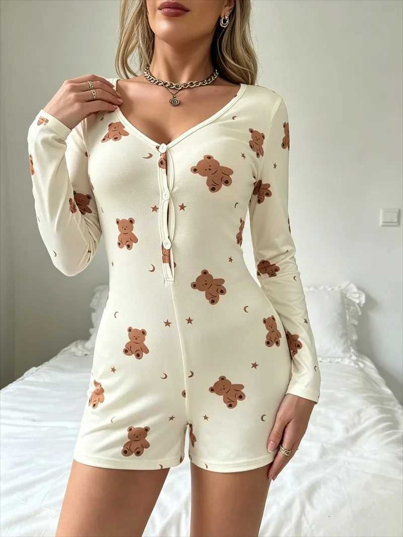Women's Sleep Lounge Summer Casual Little Bear Print Bodysuit Women's Sexy Onesies Pajamas Sleepwear V-neck Front Button Long Sleeve Jumpsui - view 6