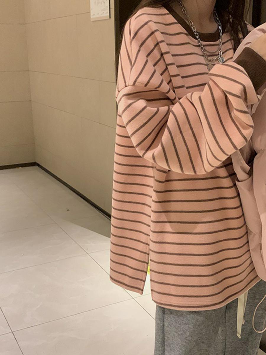 Pink Striped Long Sleeve Loose Fit Thin round Neck T-Shirt Women's Autumn New Commute Style Other Material 100% - view 5