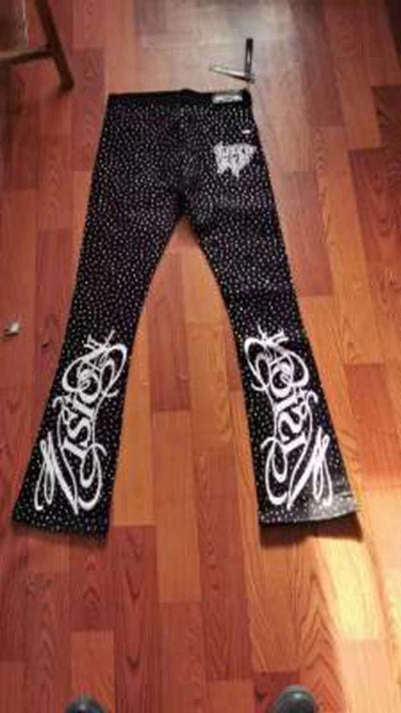Men's Jeans Punk Flame Streetwear Solid Casual Denim Trousers Stage Dancing Rhinestone Print Washed Black Baggy Jeans HipHop Casual Denim Pa H260 - view 5