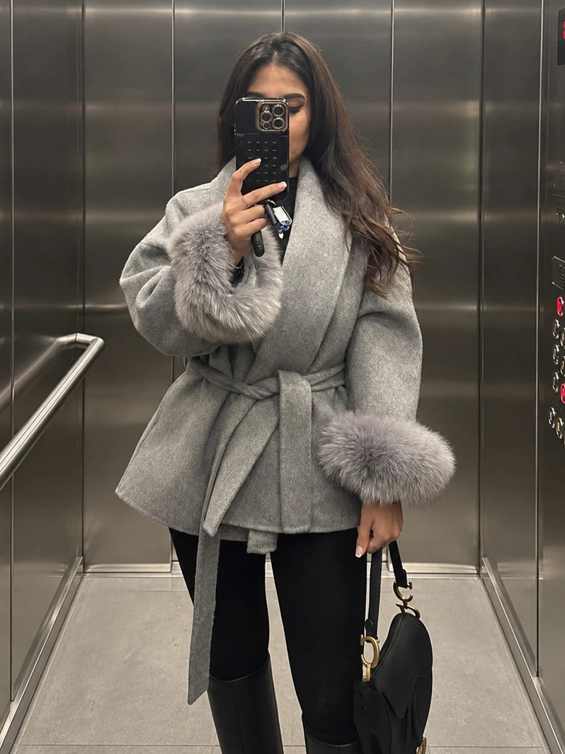Tossy Fox Fur Wool Overcoat Women's Short Coat Office Lady Elegant Double-sided Woolen Coat Cardigan Jackets Loose Wool 260922 - view 5