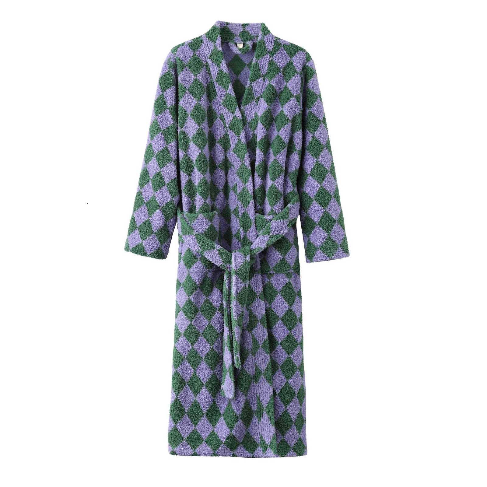 Lounge Women's Sleep Thicken Flannel Long Robe Couple Sleepwear Loungewear Autumn Winter New Kimono Bathrobe Gown Loose Plaid Coral Fleece Homewe