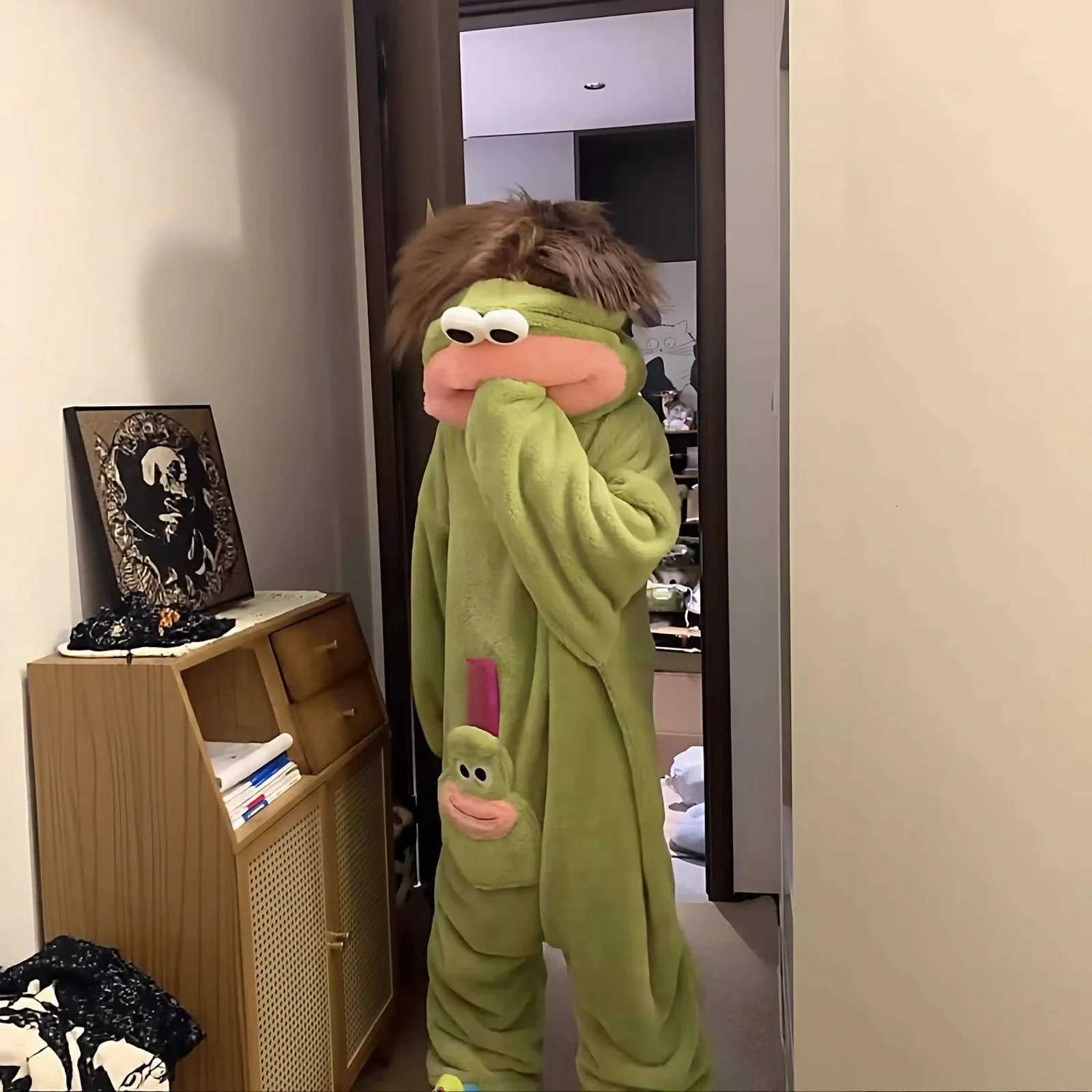 Lounge Women's Sleep Jumpsuits Cute Cartoon Big Mouth Funny Jumpsuit Couple Pajamas For Men Women Autumn Winter Thick Coral Fleece Home Clothes H