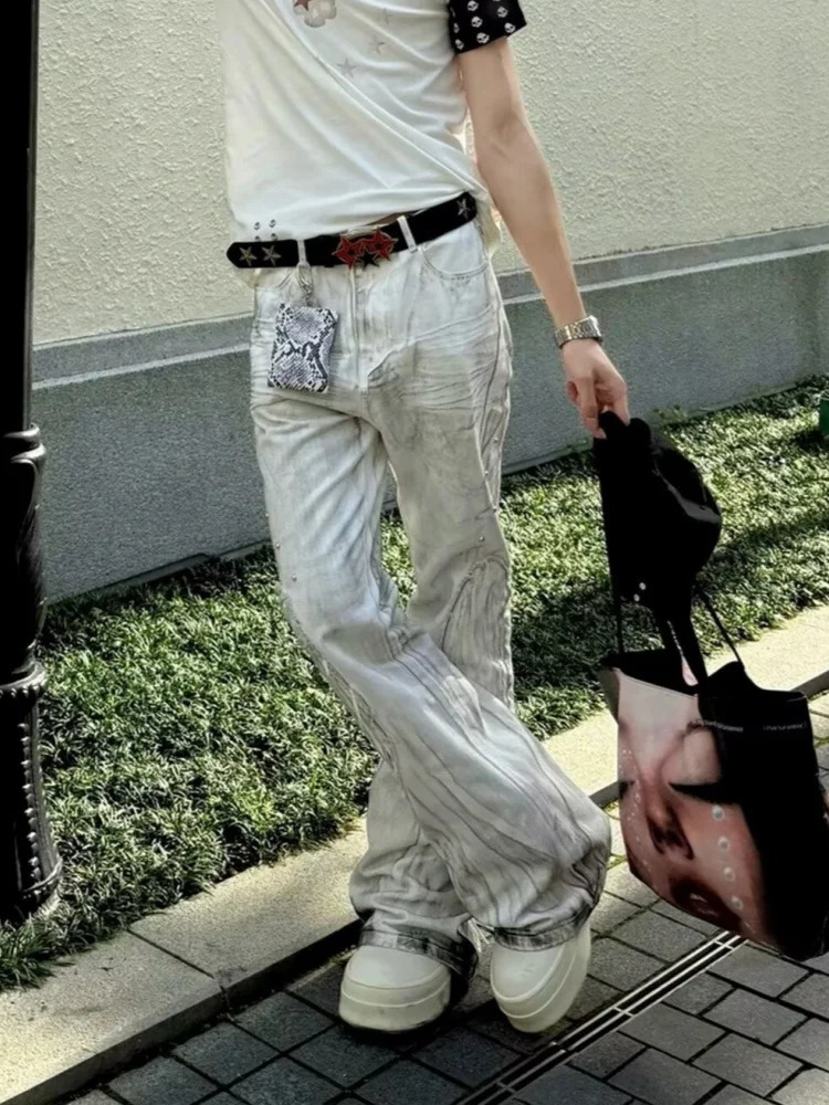 2026 Punk Y2K Style Dirty Washed White Patchwork Baggy Flared Stacked Jeans Pants For Men Clothing Streetwear Goth Long Trousers 260923 - view 5