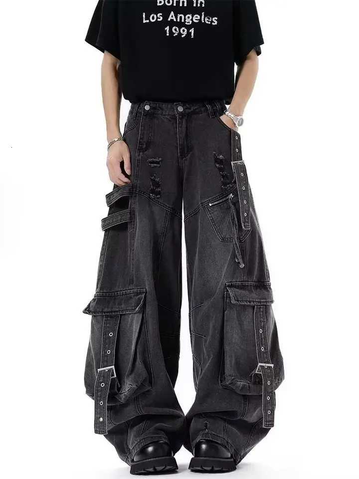 Men's Jeans American Style Men's Jeans Solid Color Multi Pockets Casual Worn-out Trousers Deconstruction Wide Leg Denim Pants H260924 - view 7