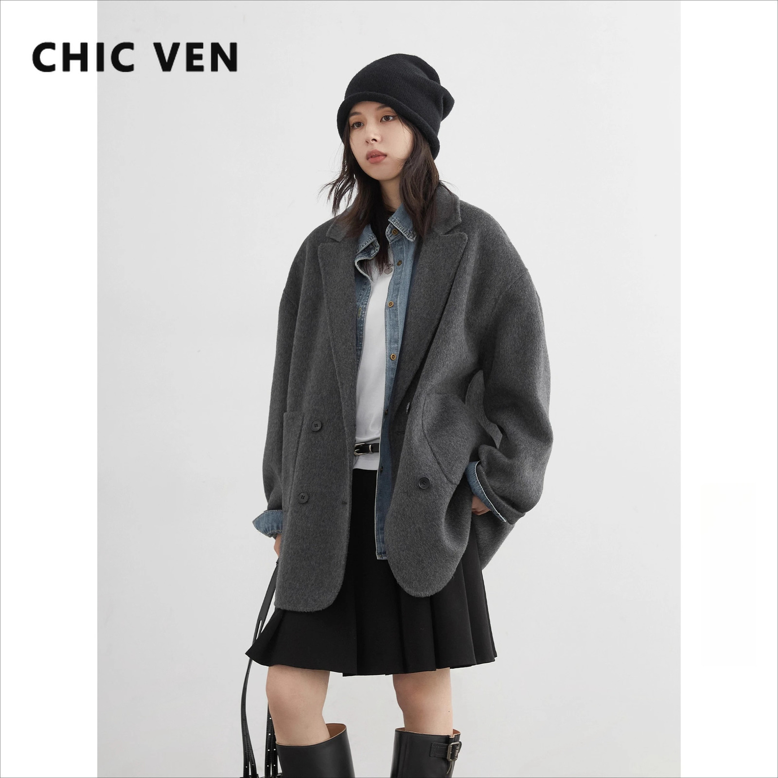 CHIC VEN Women Woolen Coat Loose Solid Mid-length Double-sided Oversized Office Ladies Jackets Outerwear Autumn Winter 2026 260922 - view 4
