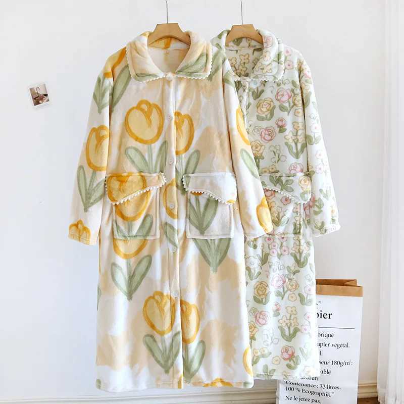 Sleep Lounge Women's Coral Velvet Robe Women's Autumn And Winter Flower Printed Dress Flannel Bathrobe Female Thicken Warm Sleepwear Shower  - view 3