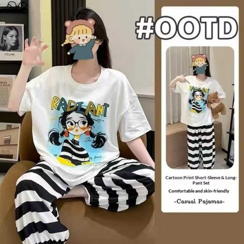 Women's Sleep Lounge Summer New Women's Short Sleeved Sleepwear Home Suit Set Cartoon Pullover Loose Lazy Style Sleepwear Home Suit Two-Piec - view 5