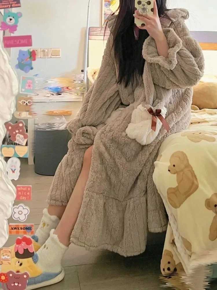 Lounge Women's Sleep Women's Winter Bathrobe Hooded Thick Warm Ladies Flannel Dressing Gown Solid Cute Korea Style Night Wear Bath Robe for  - view 5