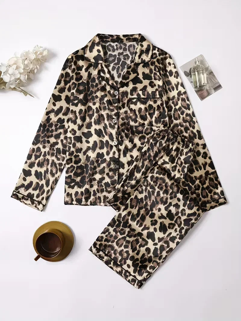 Autumn Winter Silk Satin Leopard Print Pajamas Set for Women Sleepwear Loose Casual Long Sleeve T-shirt and Trouser Suits 260923 - view 7