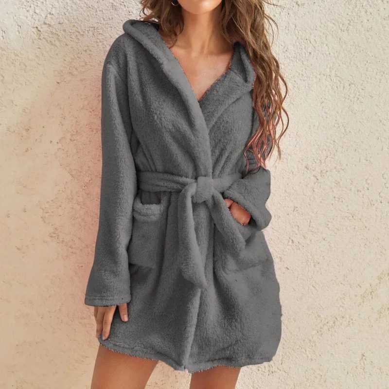 Sleep Lounge Women's Women Winter Fluffy Bath Robe Ladies Hooded Dressing Gown Thick Warm Bathrobe Pyjamas Coral Fleece Long Nightgown SleepwearC - view 5