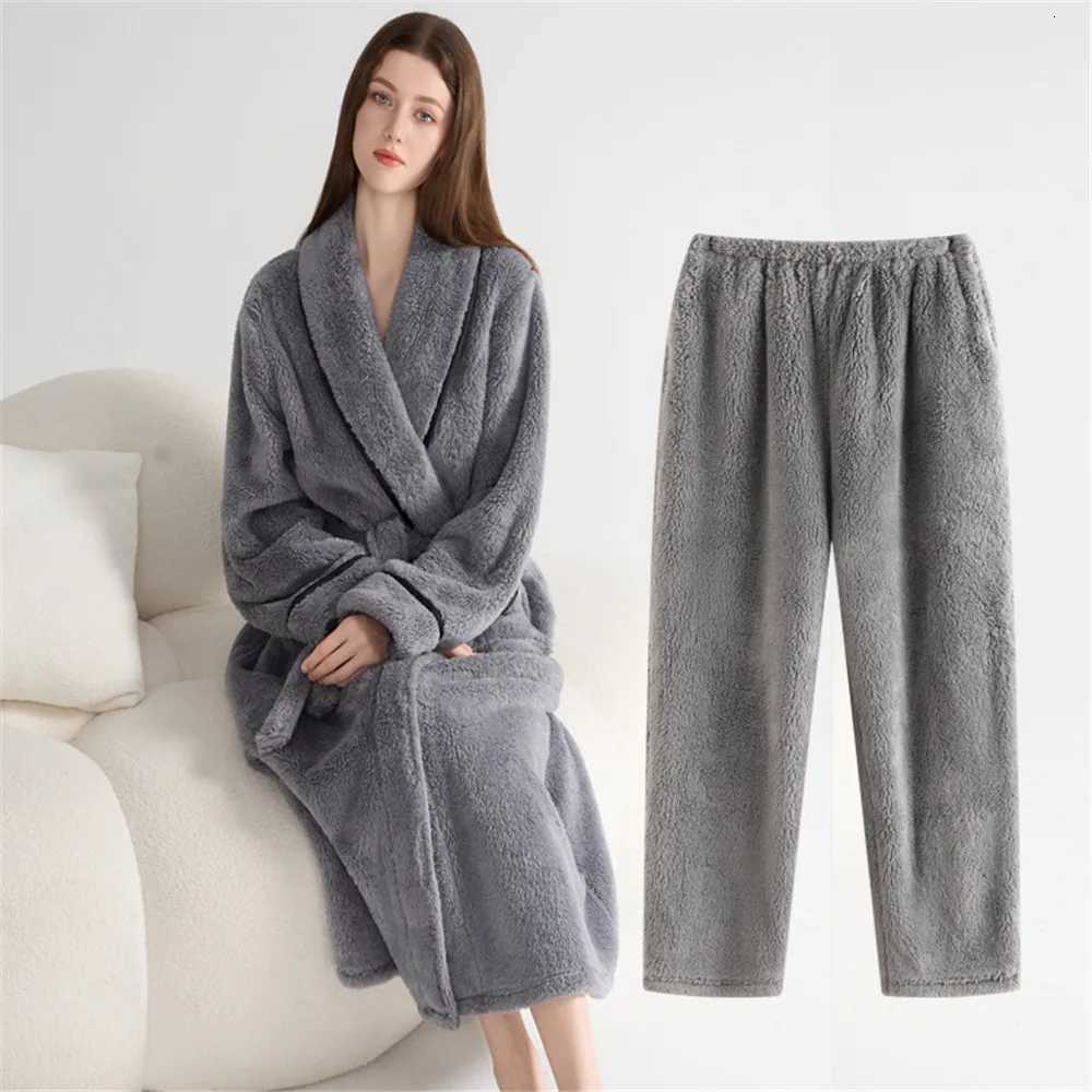 Lounge Women's Sleep Autumn Flannel Long Robe Pants Pajamas Set Winter Thickened Warm Trouser Pijamas Suit Loose Coral Fleece HomewearC260924 - view 4
