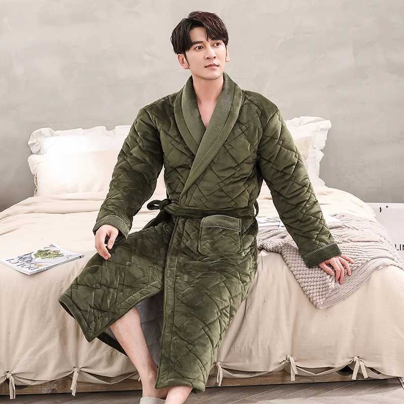 Sleep Lounge Women's Men Casual Kimono Bathrobe Winter Three Layers Flannel Quilted Long Robe Thick Warm Sleepwear Big Yards Nightgown Male Home  - view 4