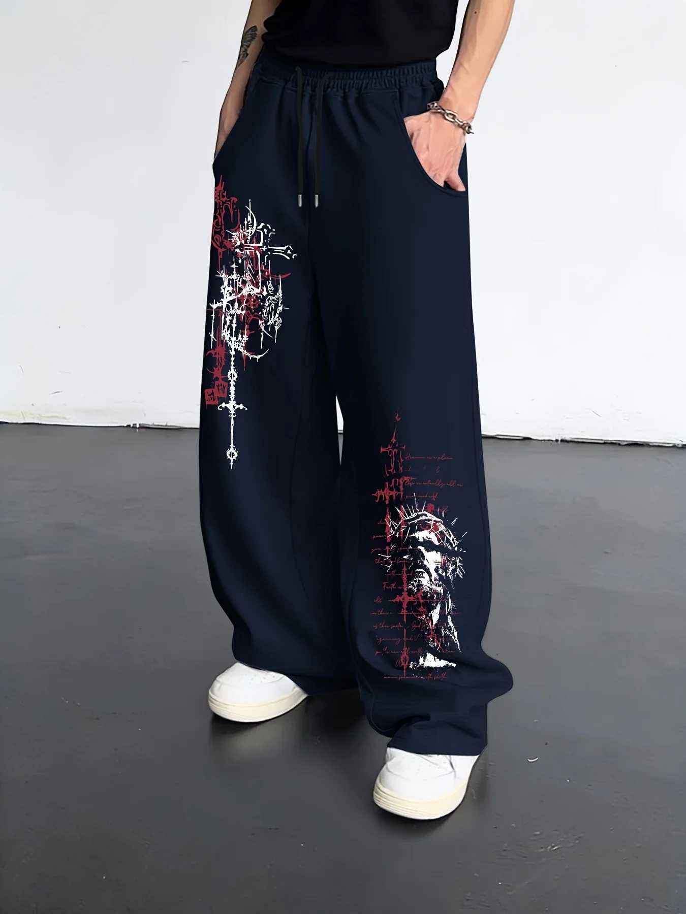 Men's Pants Gothic Dark Cross Sword Graffiti Straight Leg Jogger Trousers Unisex Men Women HipHop Streetwear Loose Casual Sport Pants D260924 - view 3