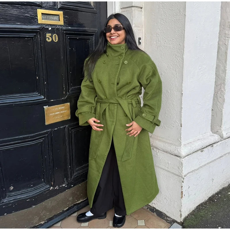 Women's High Stand Collar Double Breasted Woolen Overcoat Belted Waist Maxi Long Cuff Strap Loose Solid Coat Winter Urban Coats 260922 - view 3