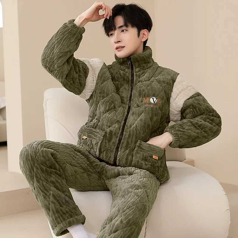 Sleep Lounge Women's Korean Winter Thicken Warm Home Clothes Zipper Cardigan Pajamas Set Men Home Clothes Big Size XL-3XL Coral Fleece Pyjamas Ho - view 3