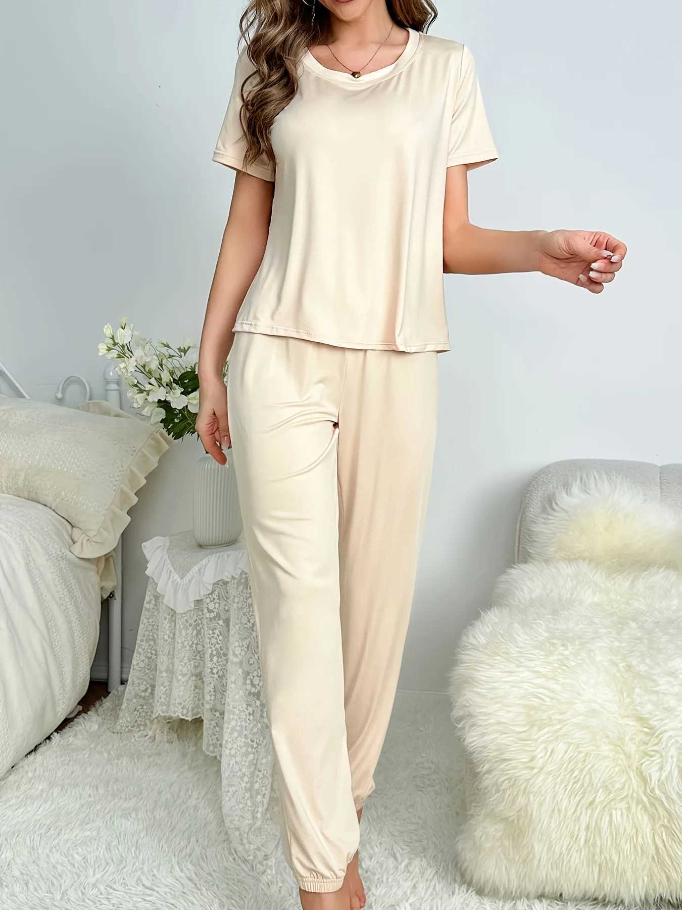 Women's Sleep Lounge Women's Pajamas 2025-2026 New Style Short Sleeve Trousers Elegant Casual Two-Piece Solid Color At Home Can Outside Wear