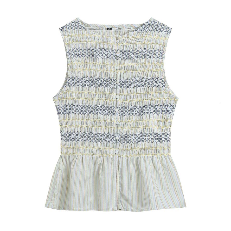 Summer New Women's Minimalist Style Button round Neck Sleeveless Honeycomb Pattern Embroidery Top Polyester Fiber Short Length