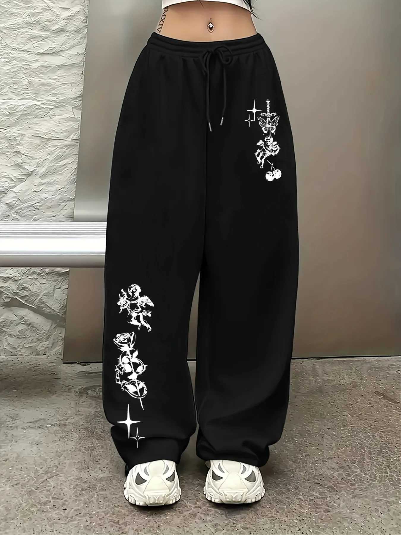 Men's Pants Y2K Baggy Sweatpants Gothic Angel Rose Butterfly Sword Cherry Print dr1 Wide Leg Pants Grunge Streetwear Casual Trousers D260924