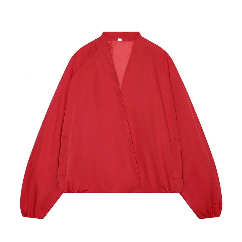 2026 Womens Red VNeck CrossFront Cropped Flight Jacket Stand Collar LongSleeve Loose Top 260928 - view 3