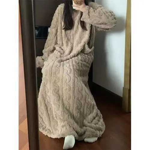 Lounge Women's Sleep Winter Long Sleeve Double Pocket Flannel Nightgowns Women Loose Solid Sleepwear Jacquard Night Dress Thickened Warm Nightdre