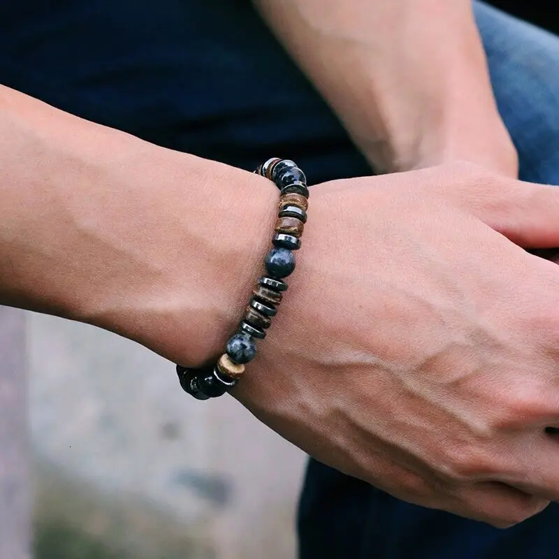 Vintage Men Bracelet Stone Natural Wooden Braclet Homme Hematite Tiger Eyes Braslet Coconut Bead Brazalete Pulsera Hombre 260924 - view 3