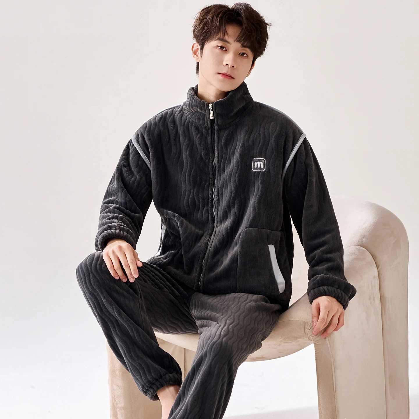 Lounge Women's Sleep Winter men pajamas thick flannel pyjamas male with zipper coral fleece cardigan men big yards 4XL sleep tops+long pants 2pcs - view 4