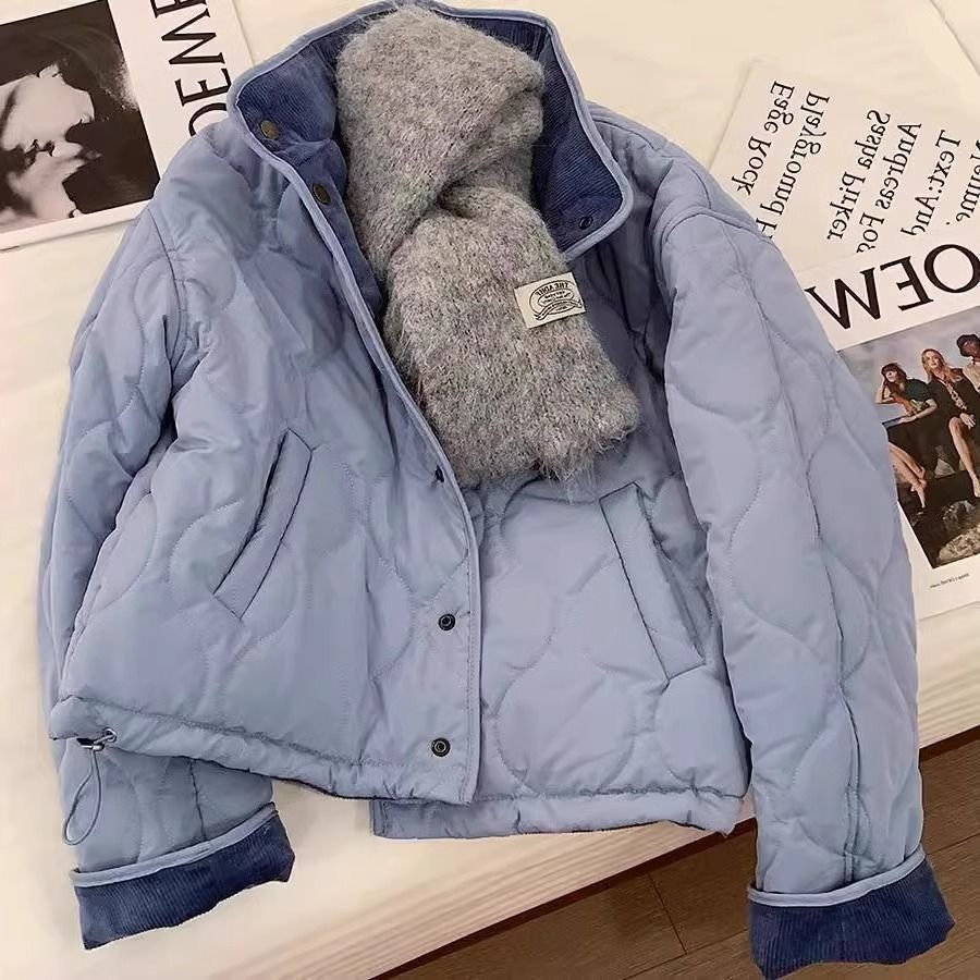 Korean Style Blue Corduroy Loose Fit Jacket Women's Autumn Winter Anti-Aging Design Casual Warm Cotton Padded Outerwear - view 3