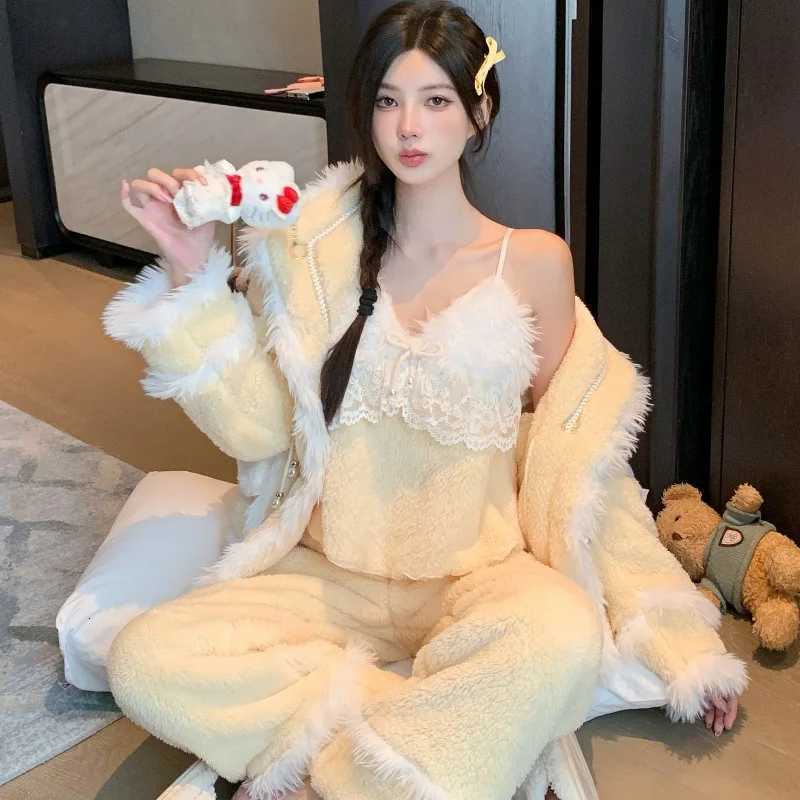 Sleep Lounge Women's Thick Coral Fleece Sleepwear Set Long Hooded Winter Home Clothes Sweet Cartoon Print Warm Home Suit Polyester Fiber Long Sle - view 3
