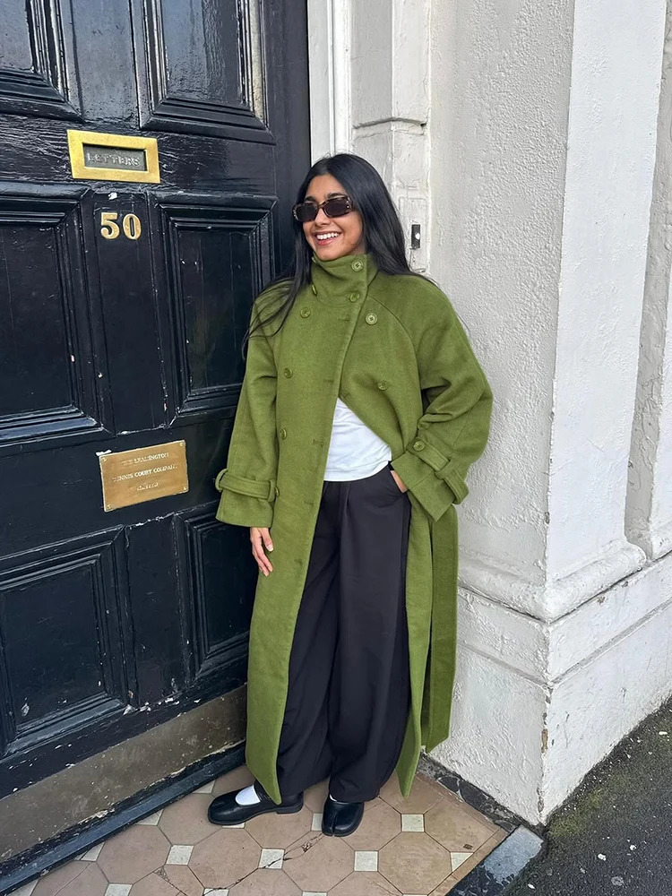 Women's High Stand Collar Double Breasted Woolen Overcoat Belted Waist Maxi Long Cuff Strap Loose Solid Coat Winter Urban Coats 260922 - view 6