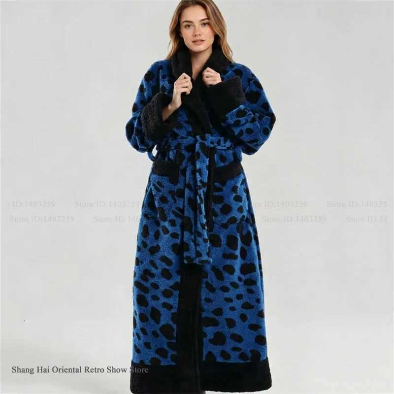 Sleep Lounge Women's Pink Leopard Coral Fleece Long Robe Kimono Bathrobe Gown Autumn Winter Thicken Warm Sleepwear Home Dress Loose Loungewear Pa - view 5