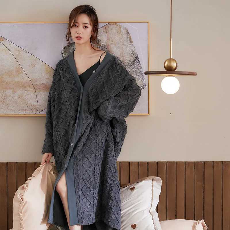 Lounge Women's Sleep Women Winter Plush Lengthened Shawl Bathrobe Home Clothes Long Sleeved Robe Coat Female Thick Coral Fleece Elegant Dressing  - view 3