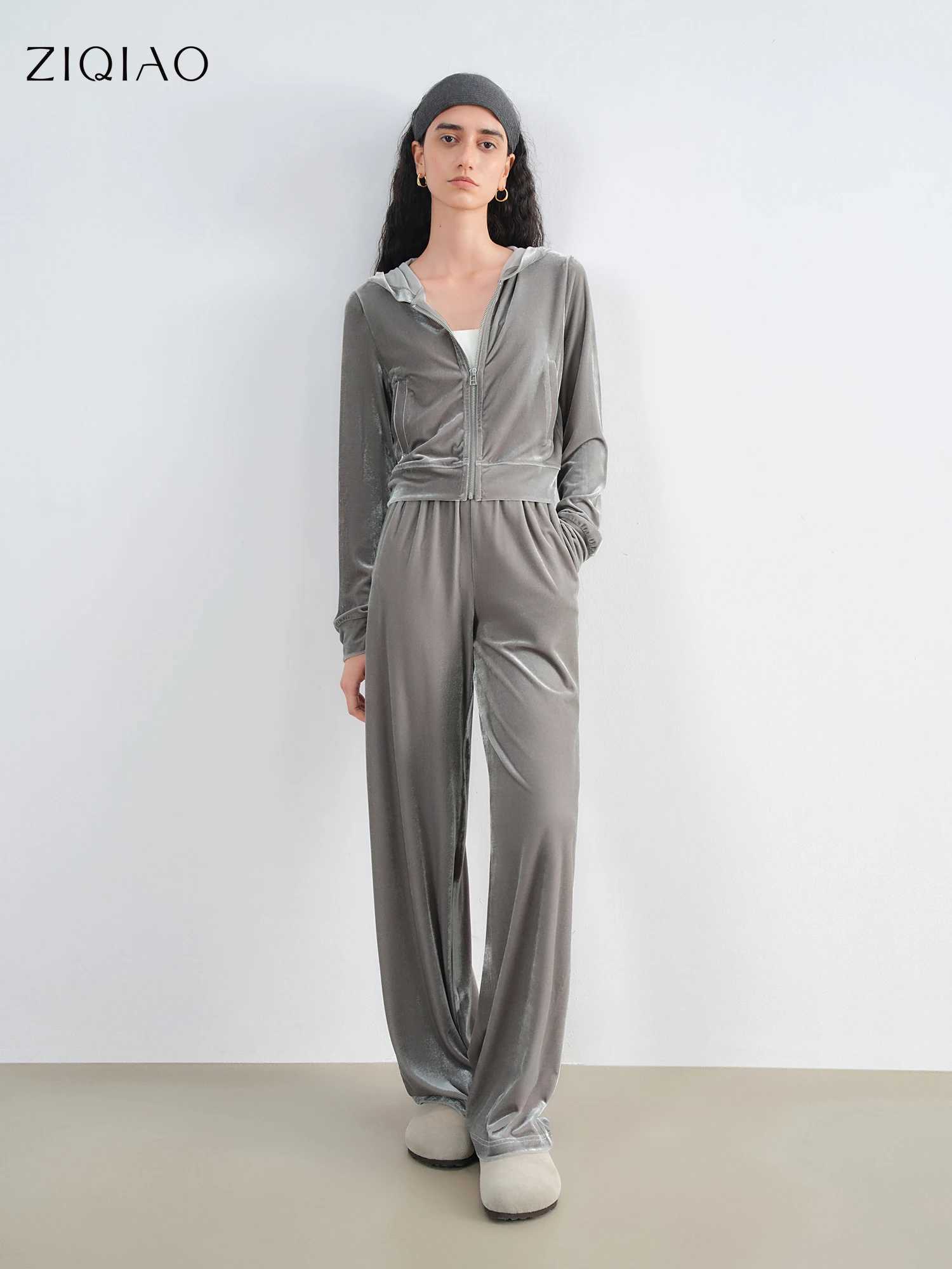 Women's Sleep Lounge ZIQIAO Autumn 2025 Women's Velvet Tracksuit Set - Vintage Inspired Hoodie Lounge Pants Casual Two Piece Outfit H260924