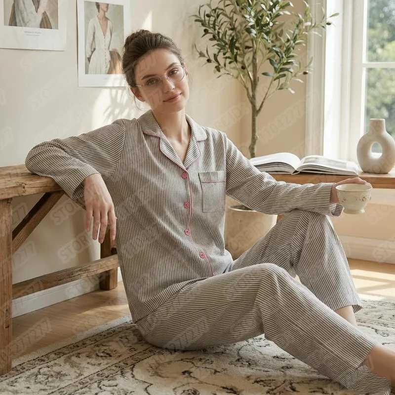 Women's Sleep Lounge 2PCS/Set Women's Long Sleeve Striped Pajama Set Soft Breathable Loungewear Casual Loose Fit Sleepwear for Girls H260924 - view 6