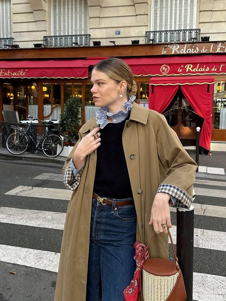 Autumn/Winter Fashion Outerwear Women's Check Print Front-Buttoned Casual Long-Sleeved Mid-Length Trench Coat Arrival 260922 - view 3