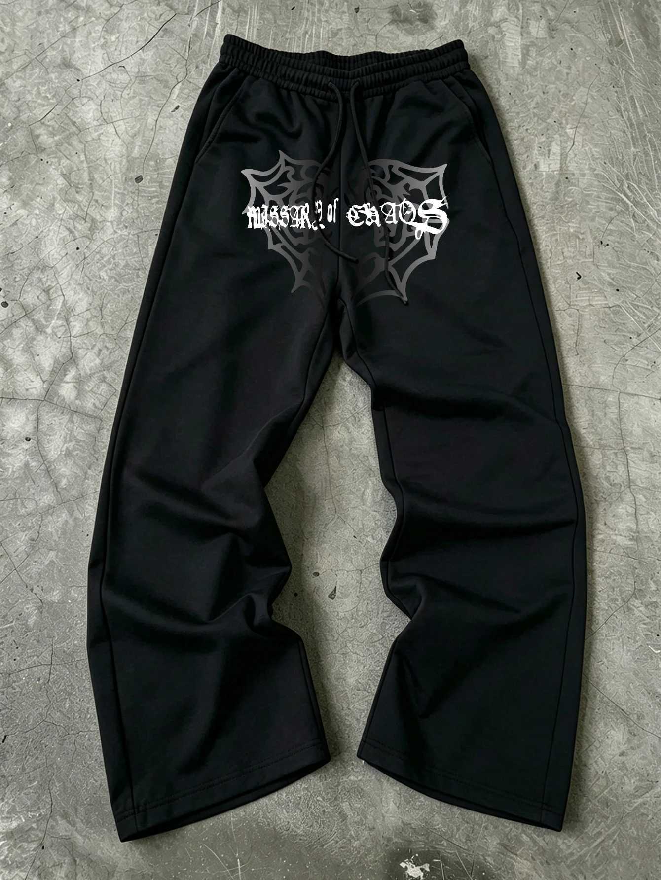 Men's Pants Men Gothic Wide Leg Jogger Pants Waist Centered White Old English "Messiah of Chaos" over Spider Web Crest Printdr1Baggy D2 - view 7