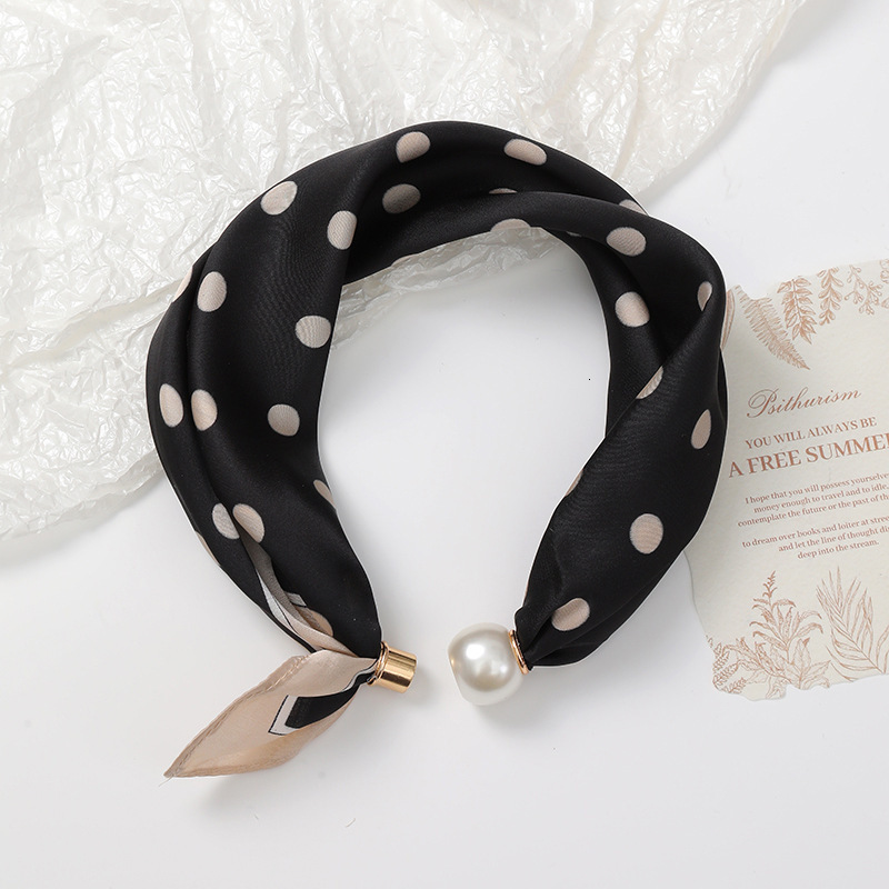 Designer Womens Small Satin Neck Scarf With Pearl Buckle Printed Square Scarves High Quality Neck Warmer Elegant Decorative Neck Band For Daily Bag - view 8