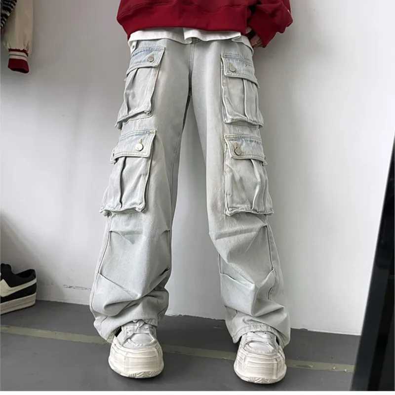 Men's Jeans Light Blue Cargo Jeans Men's Patchwork Straight Casual Trousers Men Muti-pockets Hip Hop Streetwear Loose Fashion Pants H260924