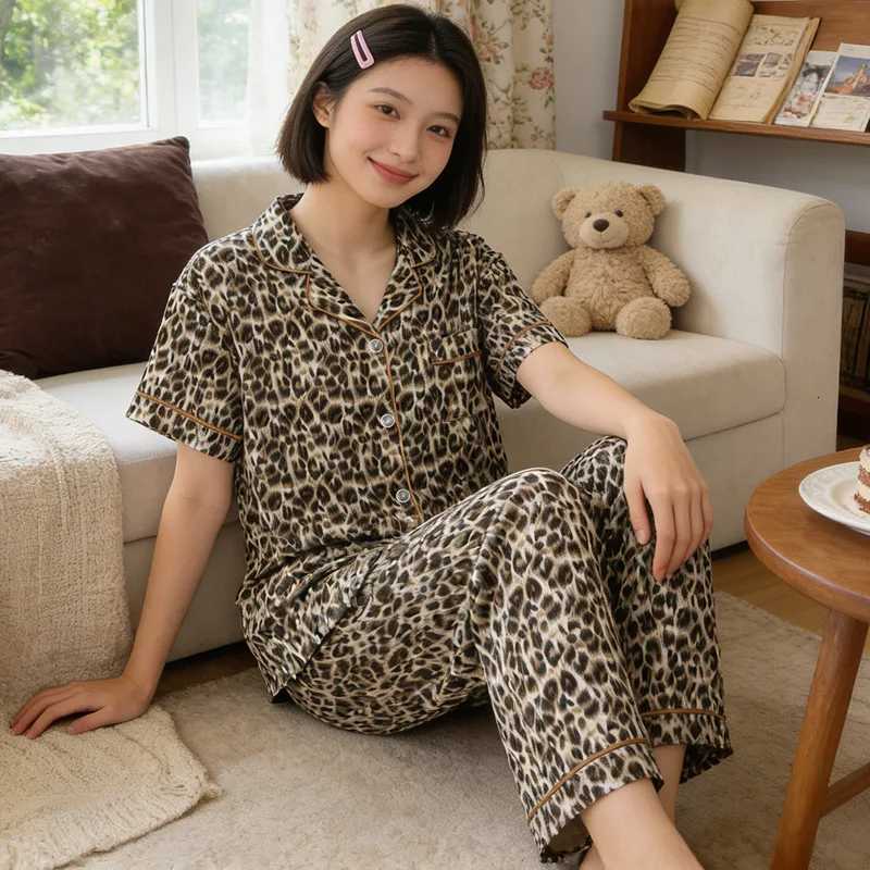 Women's Sleep Lounge Women's Summer Instagram-Style Leopard-Print Cloud-Patterned Cotton Pyjamas Short-Sleeved Top and Long Trousers Loungew - view 5