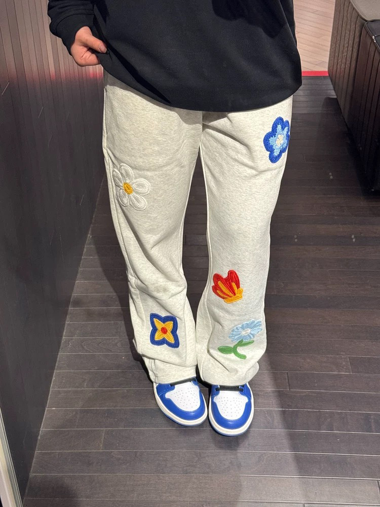 American floral embroidery curved hem sports pants, men's loose casual sports pants, slim fit micro flared sports pants, casual pants straight le - view 6