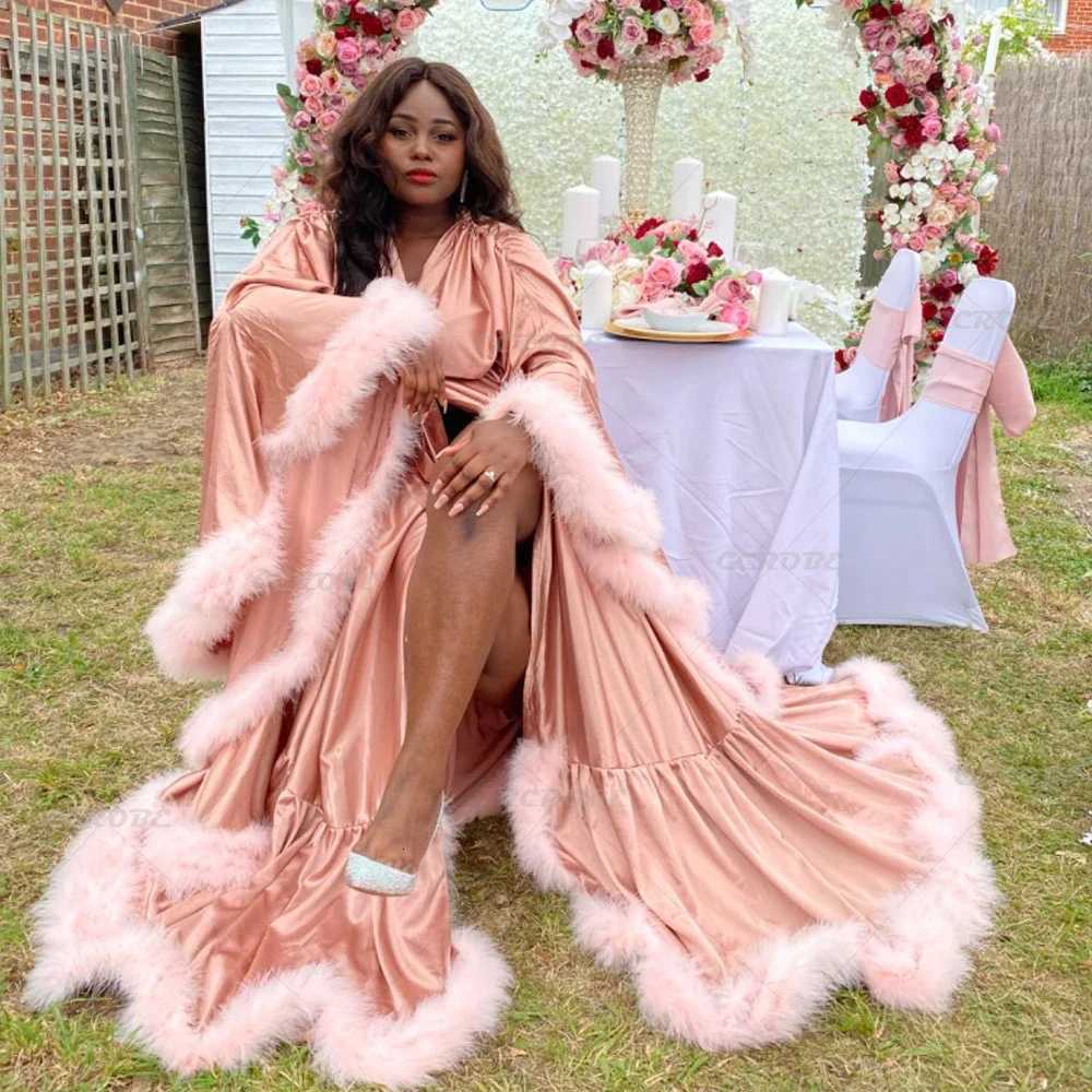 Lounge Women's Sleep Bathrobe for Women Lingerie Flare Sleeves Bridal Feather Robe Silk Satin Luxury Long Wedding Dressing Gown Maternity DressC2
