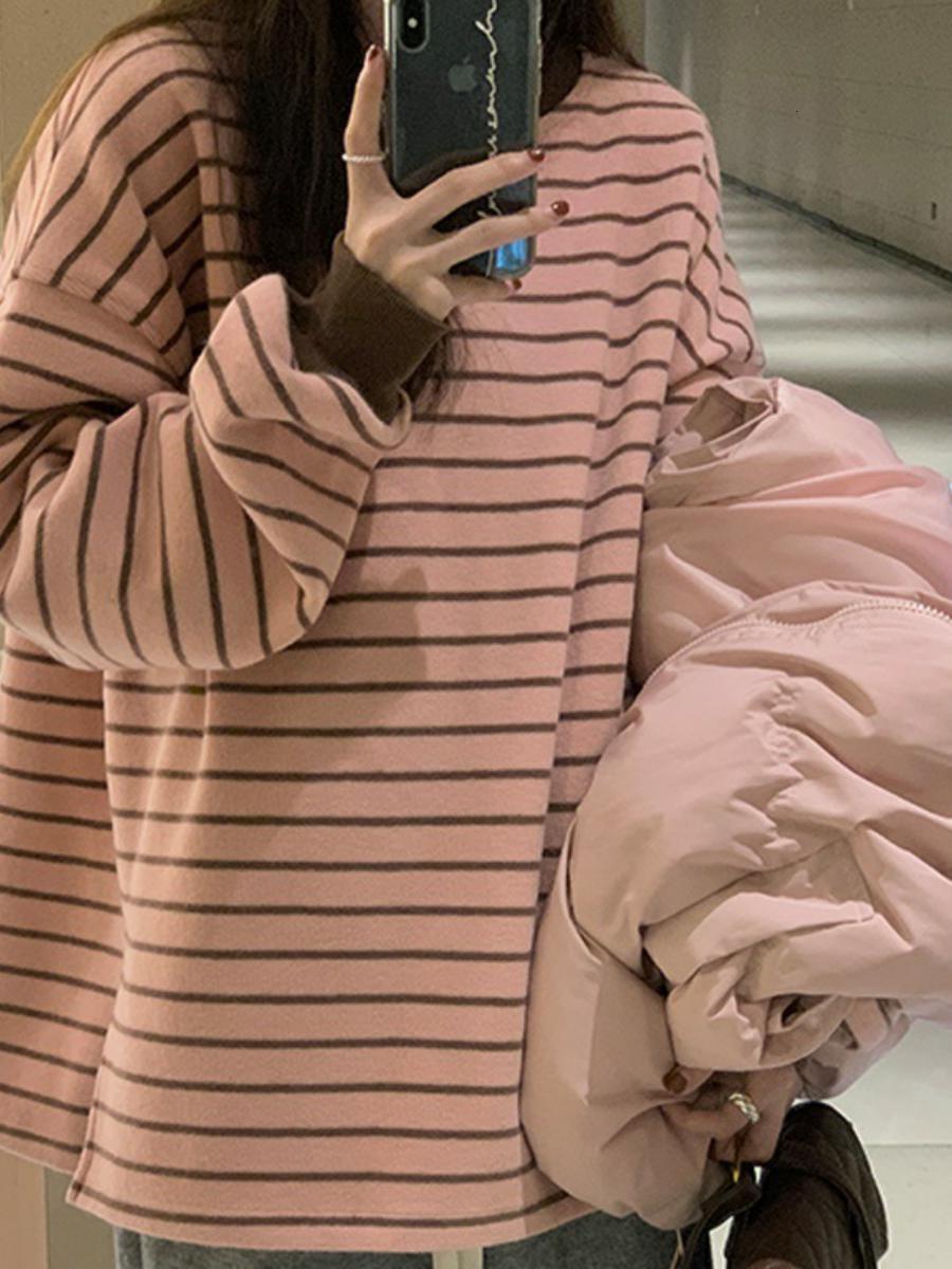 Pink Striped Long Sleeve Loose Fit Thin round Neck T-Shirt Women's Autumn New Commute Style Other Material 100%