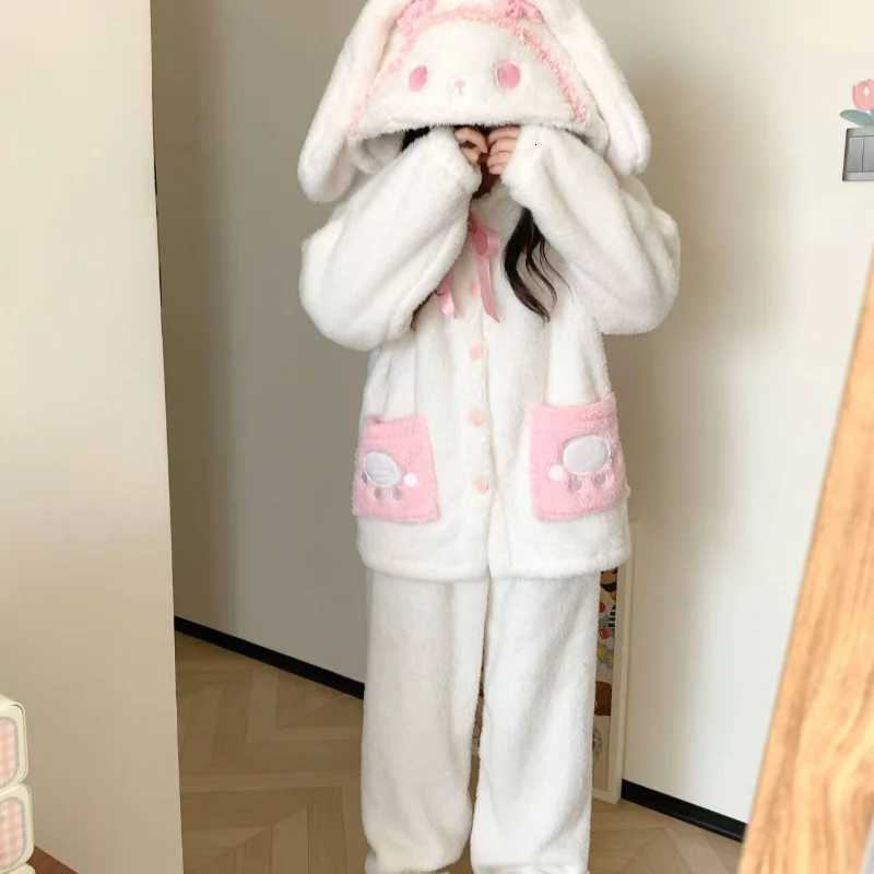Lounge Women's Sleep New Winter Women's Pajamas Pants Sets Flannel Hooded Homewear 2Pcs Kawaii Rabbit Coral Fleece Outdoors Home Clothes War - view 6