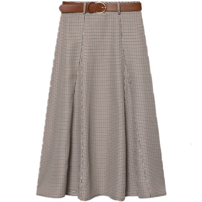 Winter New Women's Checkered Midi with Belt Half-length Cowl Neck Design Commute Style High Waist Loose Fit A-Line Skirt - view 6