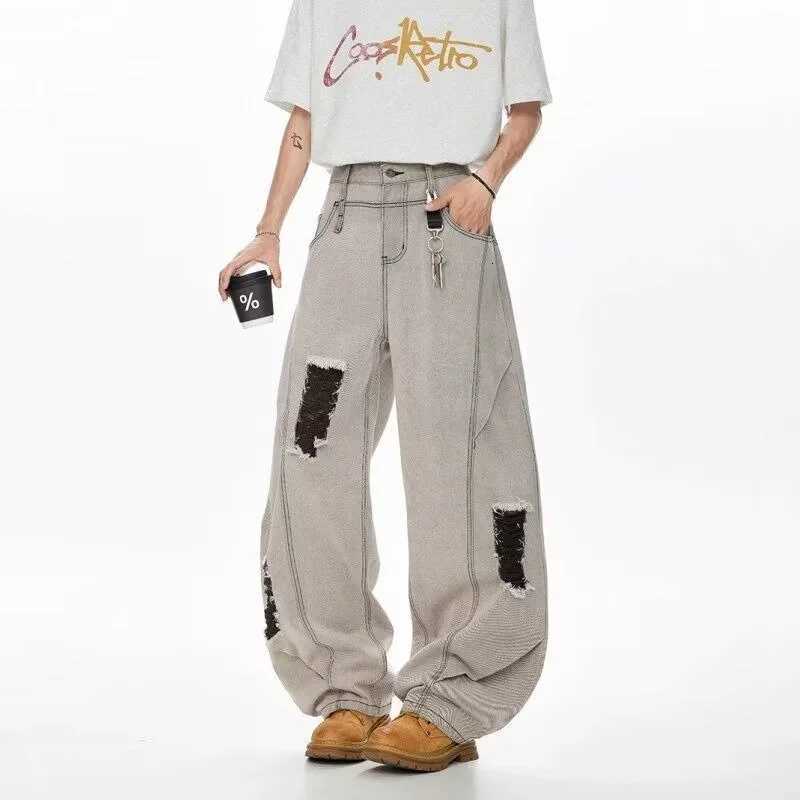 Men's Jeans Autumn Men's Hip Hop Fashion Ripped Jeans 2025 New Straight-Leg Baggy Denim Pants Splicing Washed Y2K Vintage Streetwear Jean H2 - view 4