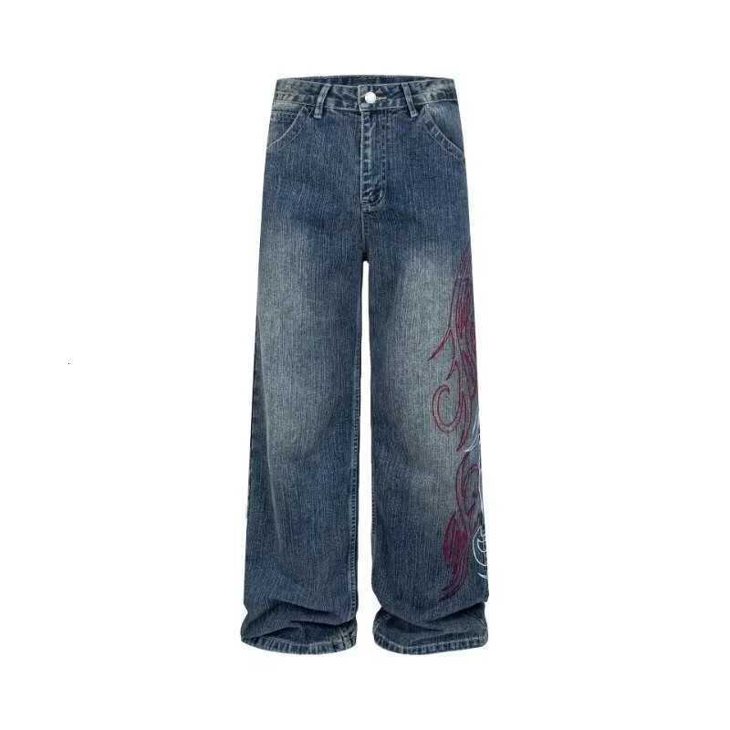 Men's Jeans New Men's Hip Hop Fashion Straight Baggy Denim Pants Y2K Flame Embroidered Streetwear Flared Jeans Harajuku Streetwear Jean H260