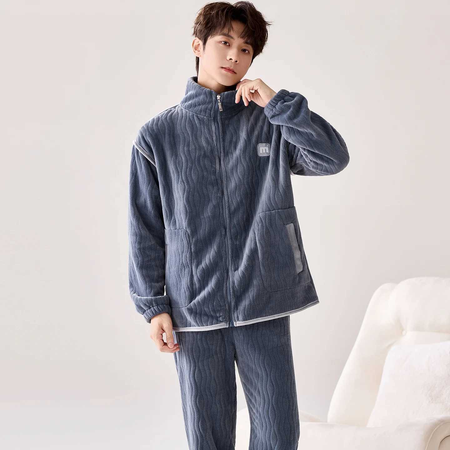 Lounge Women's Sleep Winter men pajamas thick flannel pyjamas male with zipper coral fleece cardigan men big yards 4XL sleep tops+long pants 2pcs - view 3