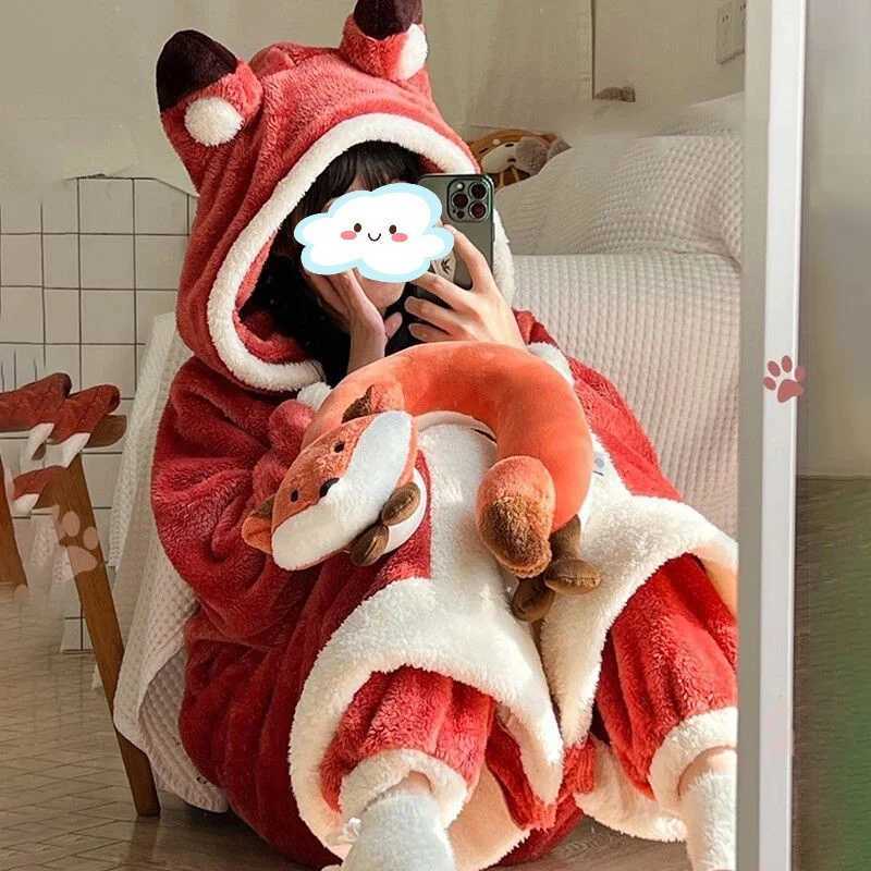 Sleep Lounge Women's Cartoon Animal Fox Pajamas Women's Winter Coral Fleece Thickened One-Piece Plush Cute Long Hooded Plus Size Robe Home W